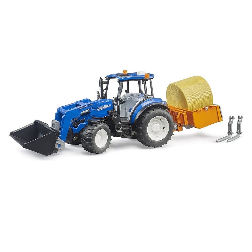 Trator New Holland T5.120 com balde e fardo de feno