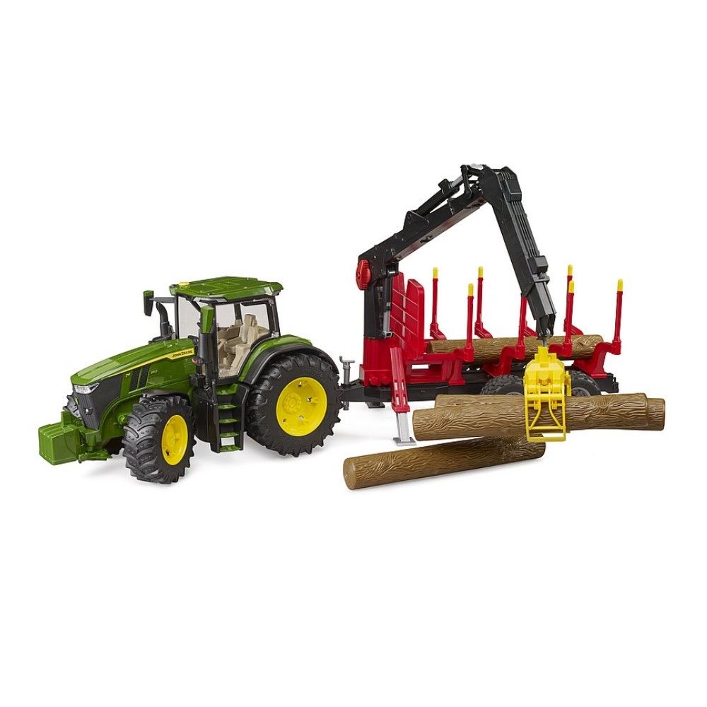 Trator John Deere 7R 350 com pá carregadora e reboque para transporte de troncos