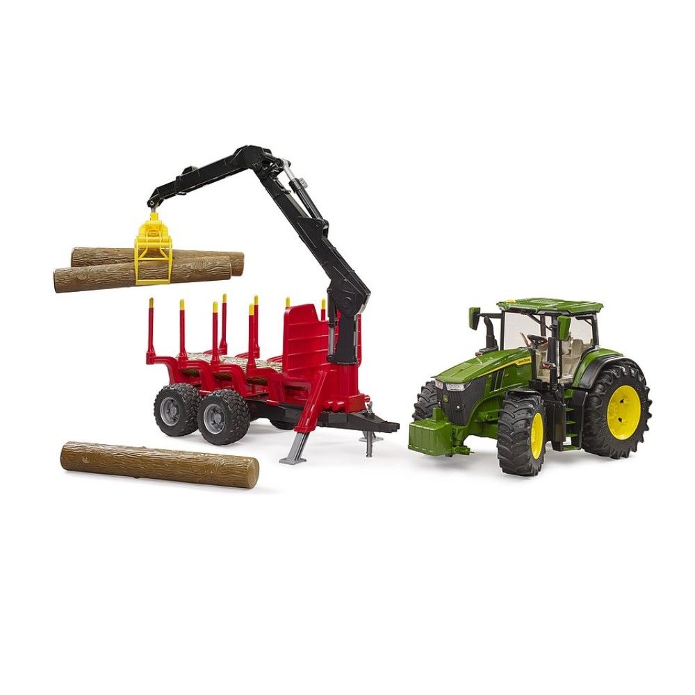 Trator John Deere 7R 350 com pá carregadora e reboque para transporte de troncos