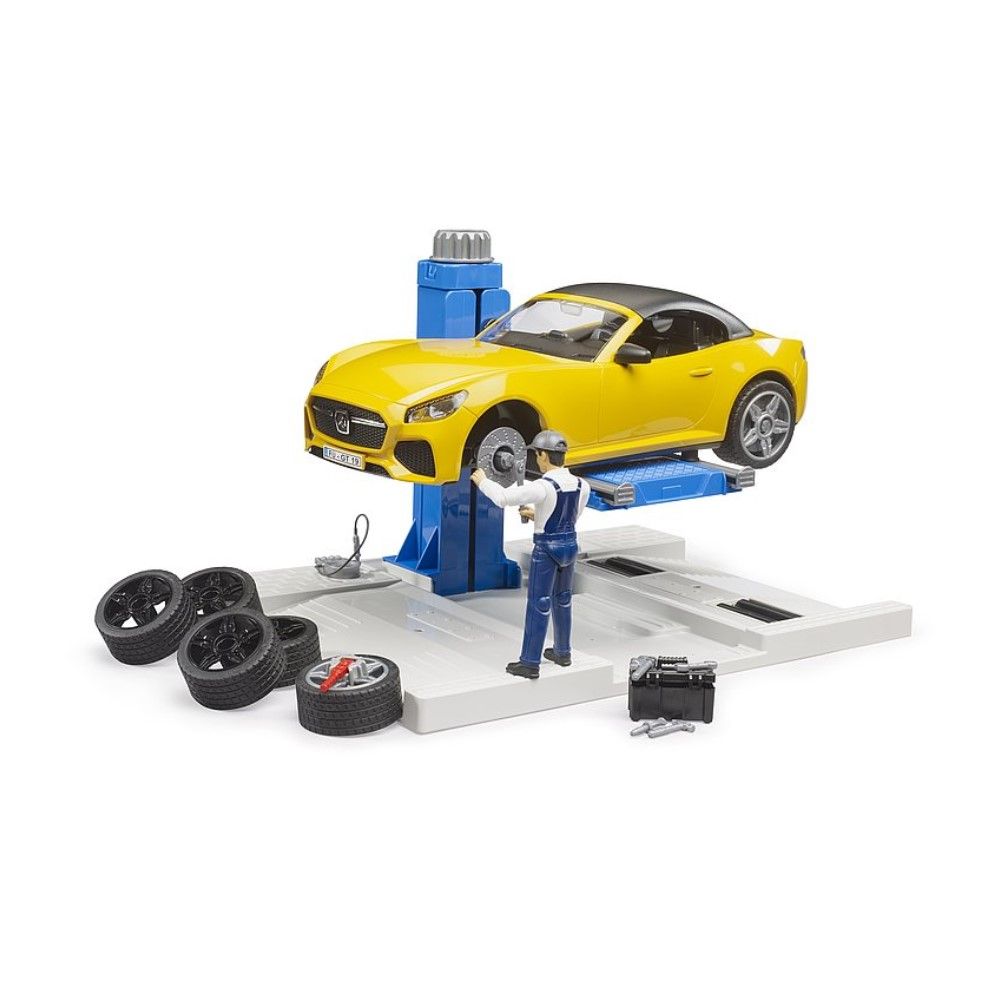 Oficina de automóveis com BRUDER Roadster e acessórios