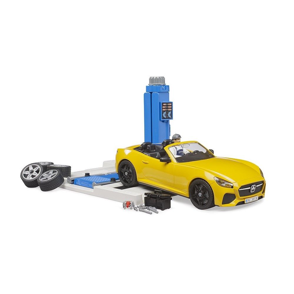 Oficina de automóveis com BRUDER Roadster e acessórios