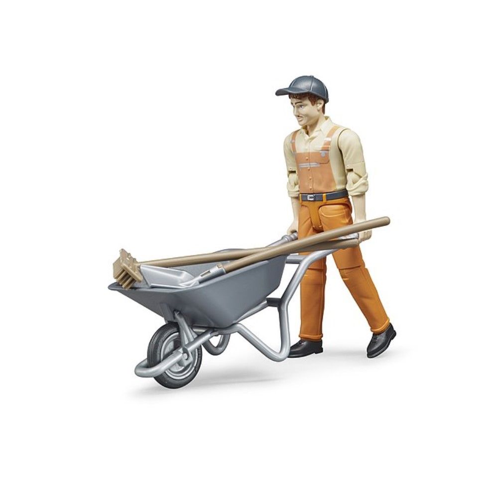 Operário com com carrinho de mão e acessórios