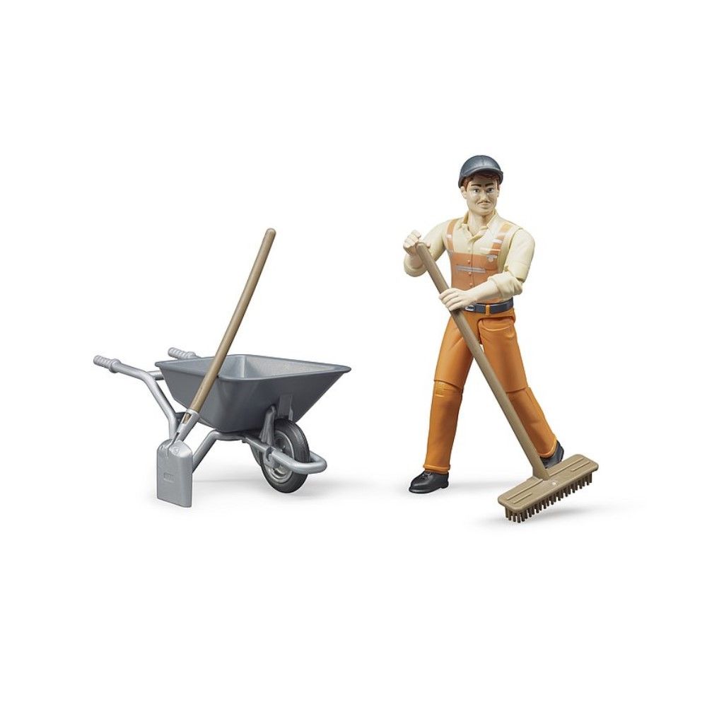 Operário com com carrinho de mão e acessórios