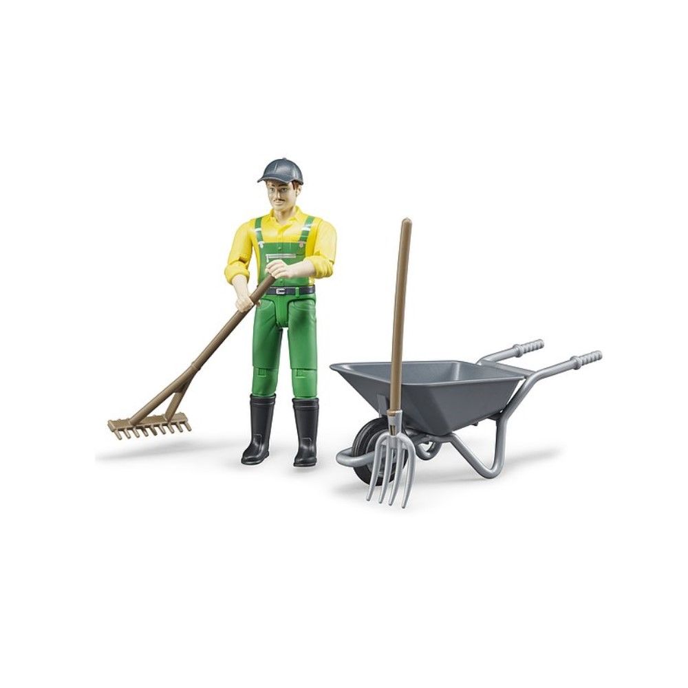 Agricultor com carrinho de mão e acessórios