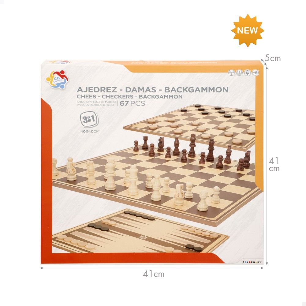 Jogo 3 em 1, Xadrez, Damas e Gamão (40x40cm)