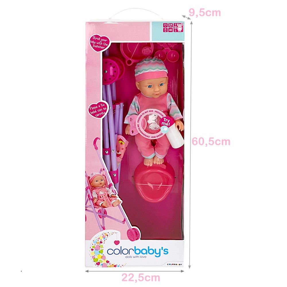Boneca 30cm com Sons + Acessórios e Carro de Passeio (56cm)
