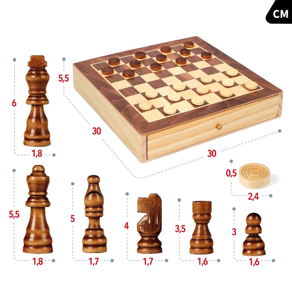 Jogo de Xadrez + Damas (30x30cm) com gavetas