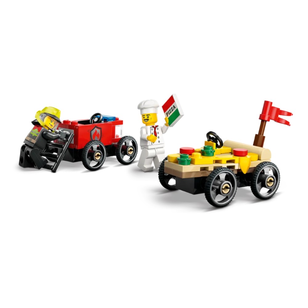Pack de Carros de Corrida Pizza vs. Carro dos Bombeiros