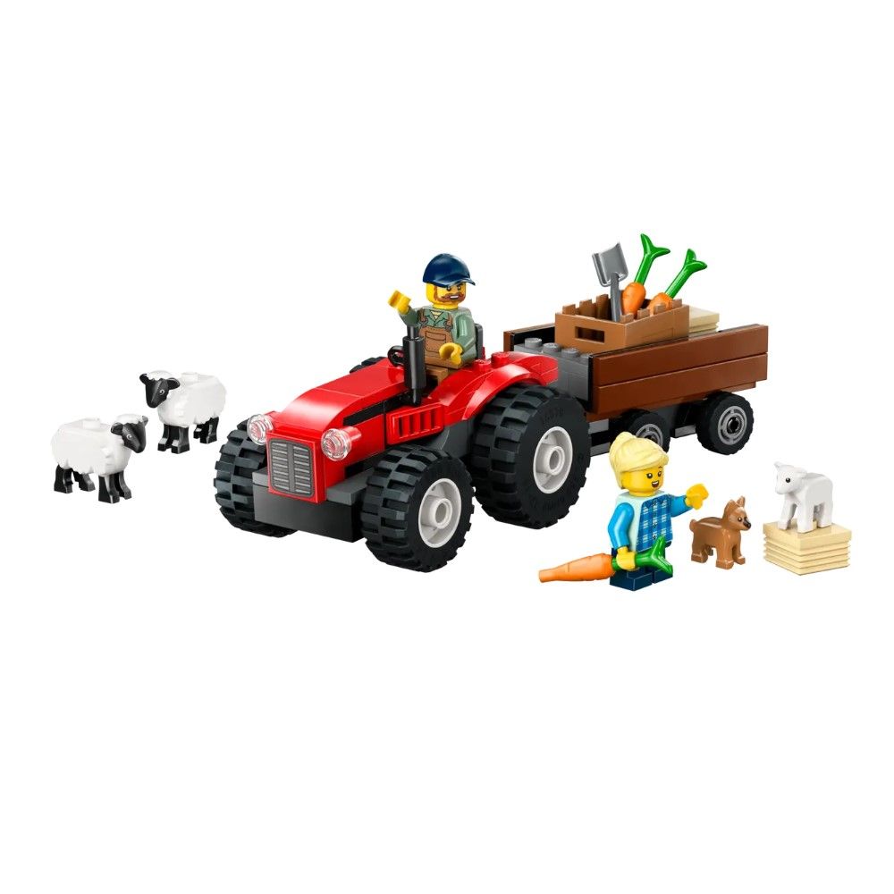 Trator Agrícola Vermelho com Reboque e Ovelhas