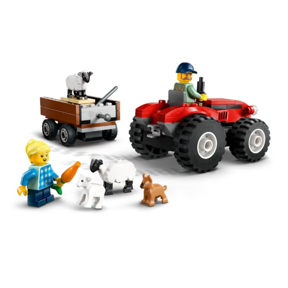 Trator Agrícola Vermelho com Reboque e Ovelhas