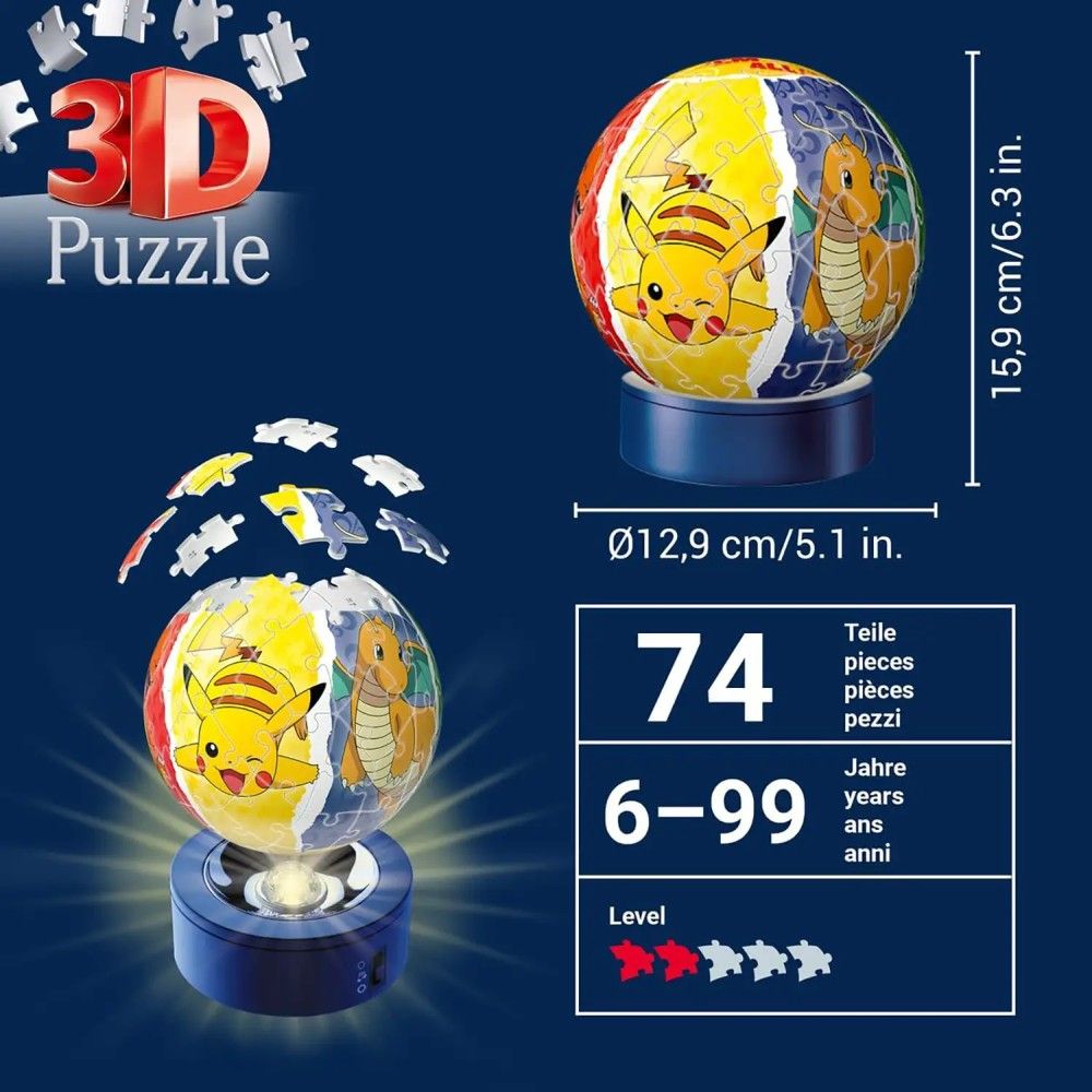 Pzl 3D - Bola Pokemon com luz (72 peças)