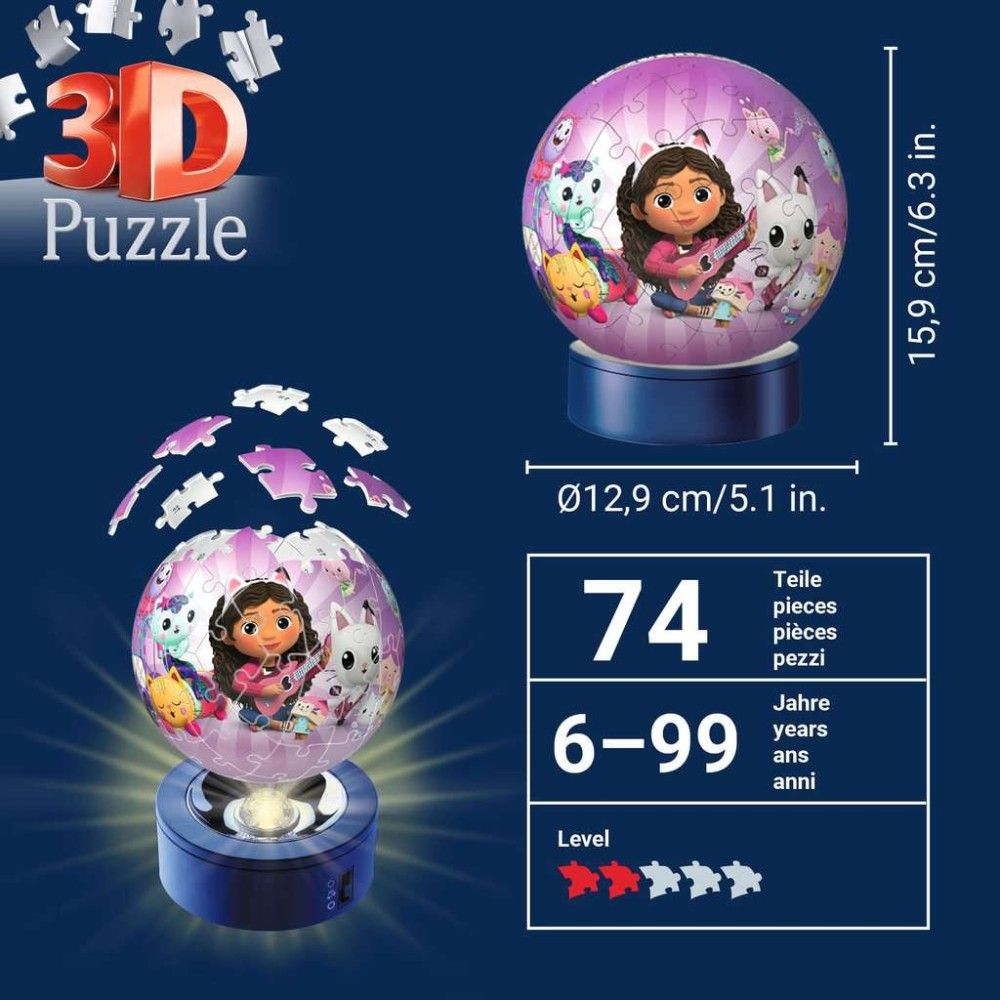 Pzl 3D - Bola Gabby`s Dollhouse com luz (72 peças)